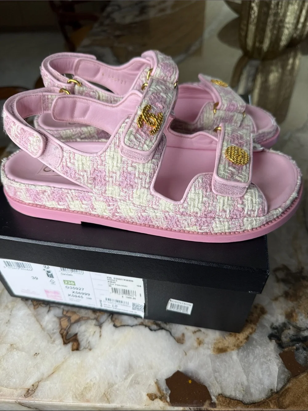 CHANEL Pink Tweed Women’s Sandals with Gold CC Buttons.